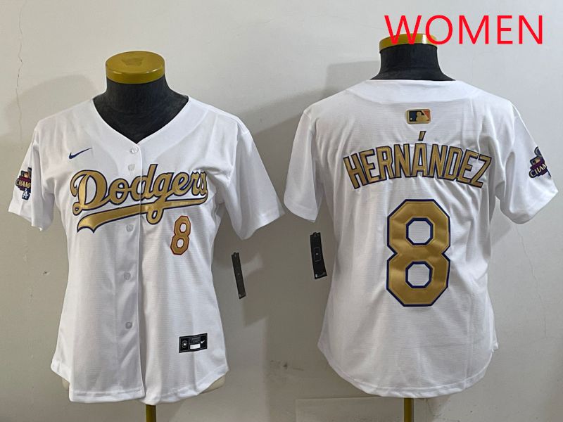 Women Los Angeles Dodgers #8 Hernandez White Gold Game Nike 2025 MLB Jersey style 429